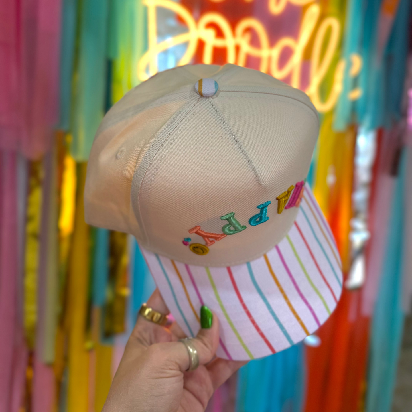Happy Upside Down Embroidered Hat With Decorative Bill