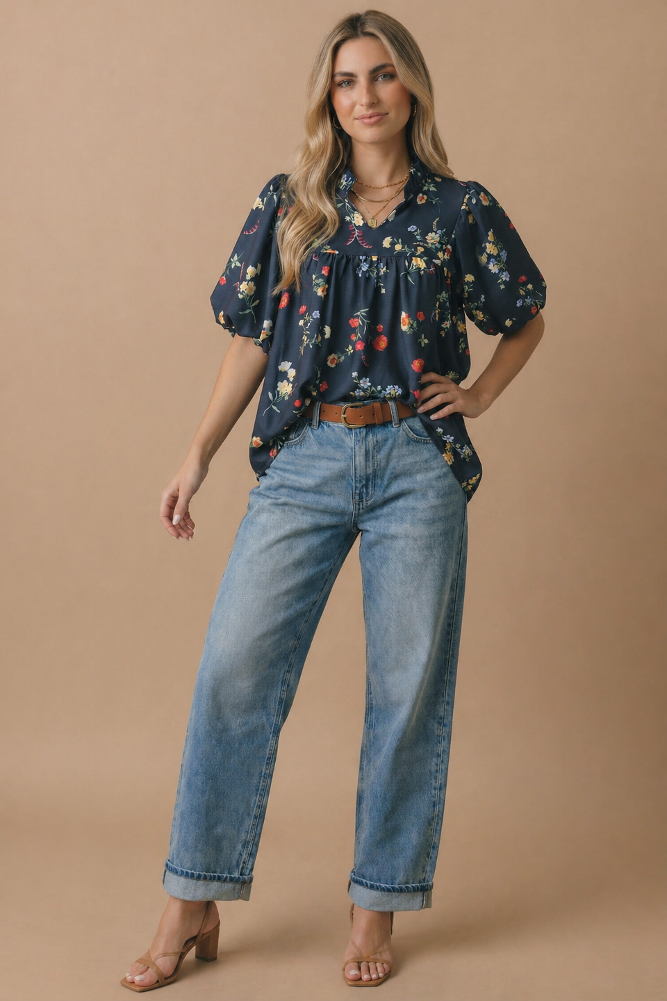 Notch Neck Floral Empire Waist Woven Top