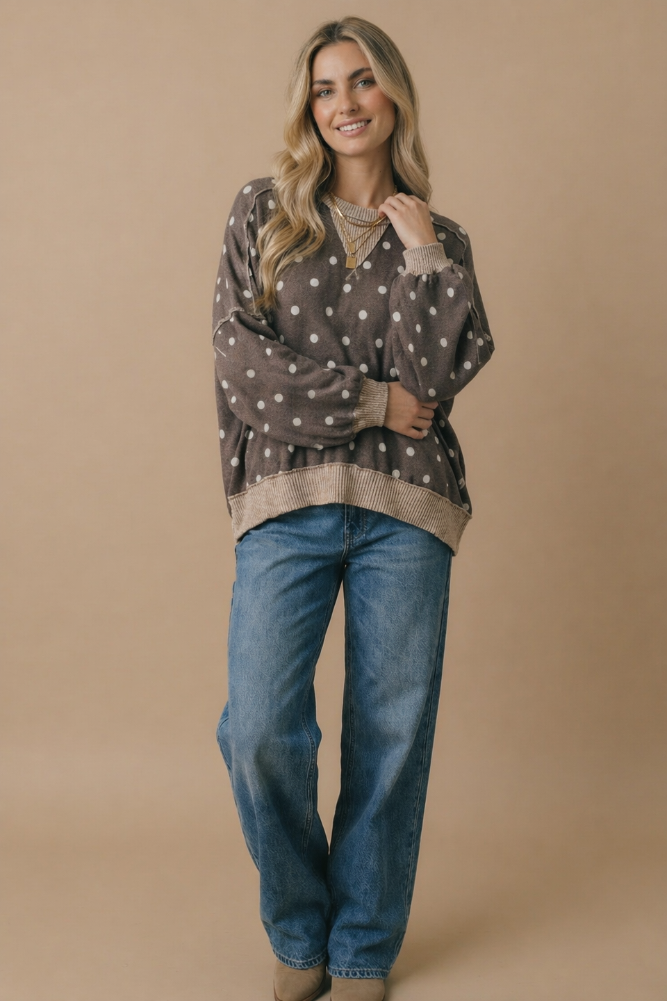Plus Crew Neck Polka Dot Reverse Stitch Pullover