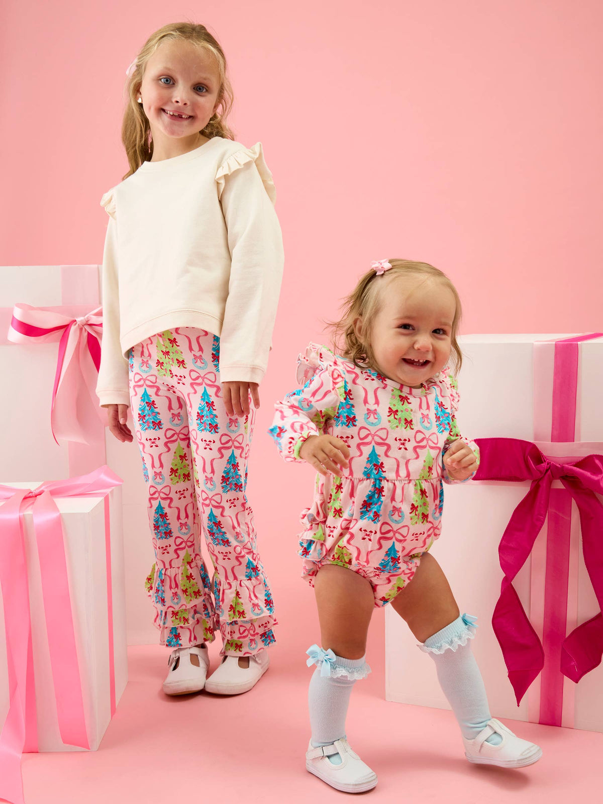 Baby Girls Christmas Tree Hot Pink Bow Applique Sweatshirt Bubble Romper with Signature Rear Ruffles
