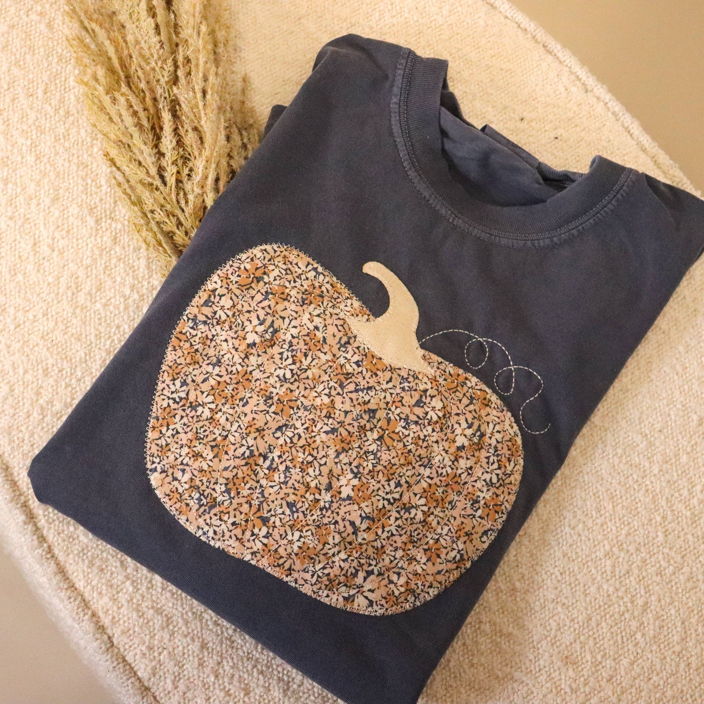 Denim Navy Fall Floral Pumpkin Short Sleeve