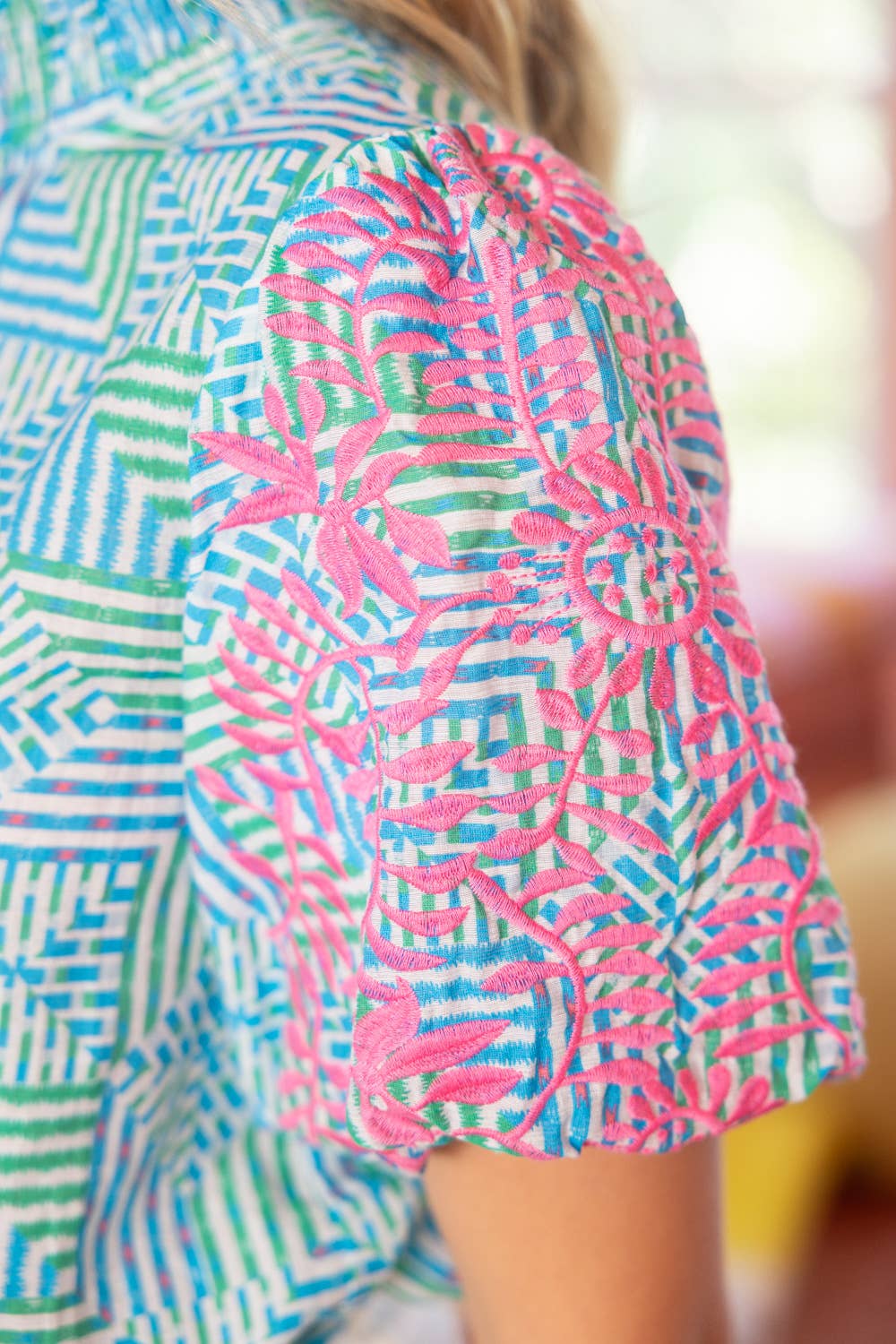 Smocked Neck Contrast Embroidered Bubble Sleeve Top