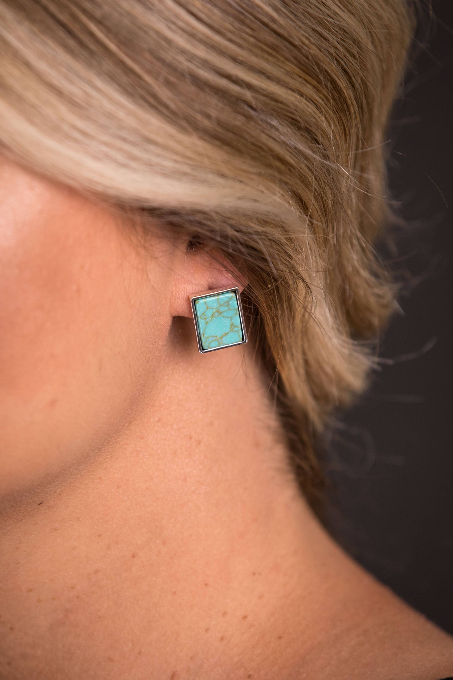 Silver Rectangular Turquoise Stud Earrings