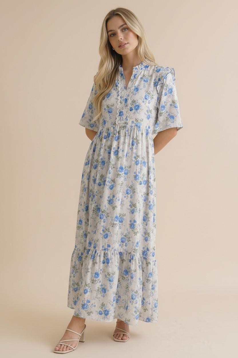 Notch Neck Ric Rac Babydoll Floral Dress