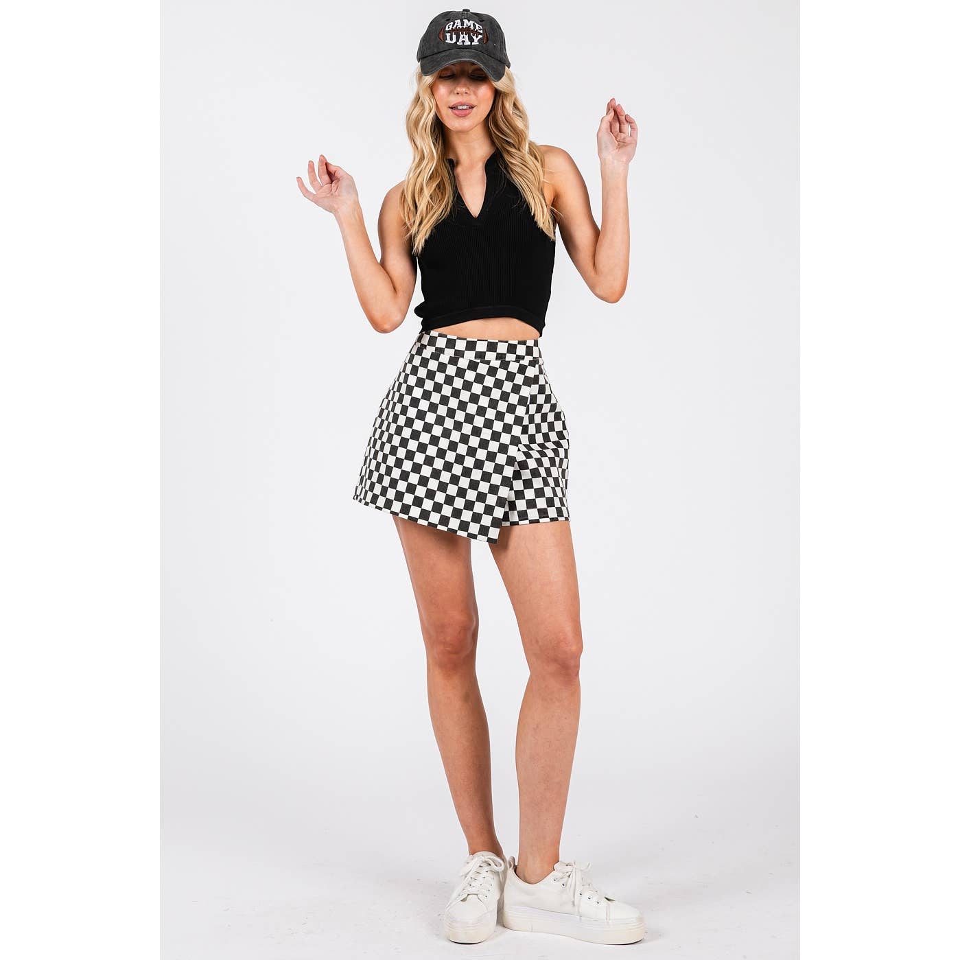 GAME DAY CHECKERED OVERLAY WRAP FRONT MINI SKORT
