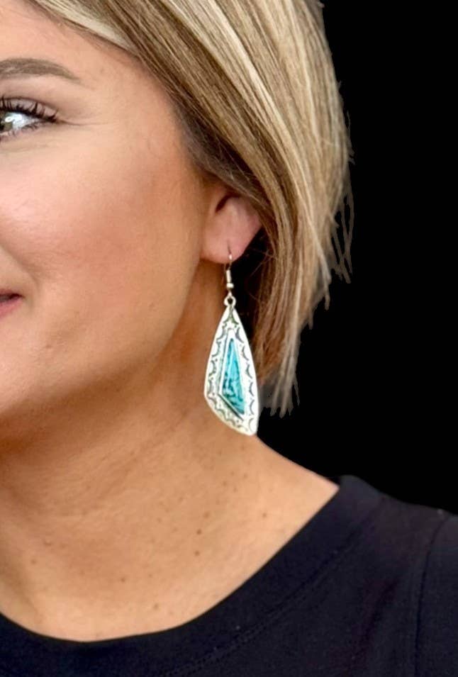 2.5" Turq Triangular Earring w/ Silver Stamped Earring