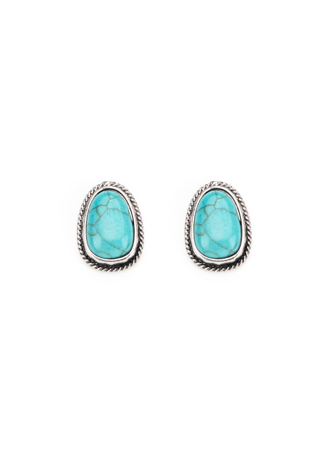 1" Turquoise Post Earring with Burnished Silver Rope Border