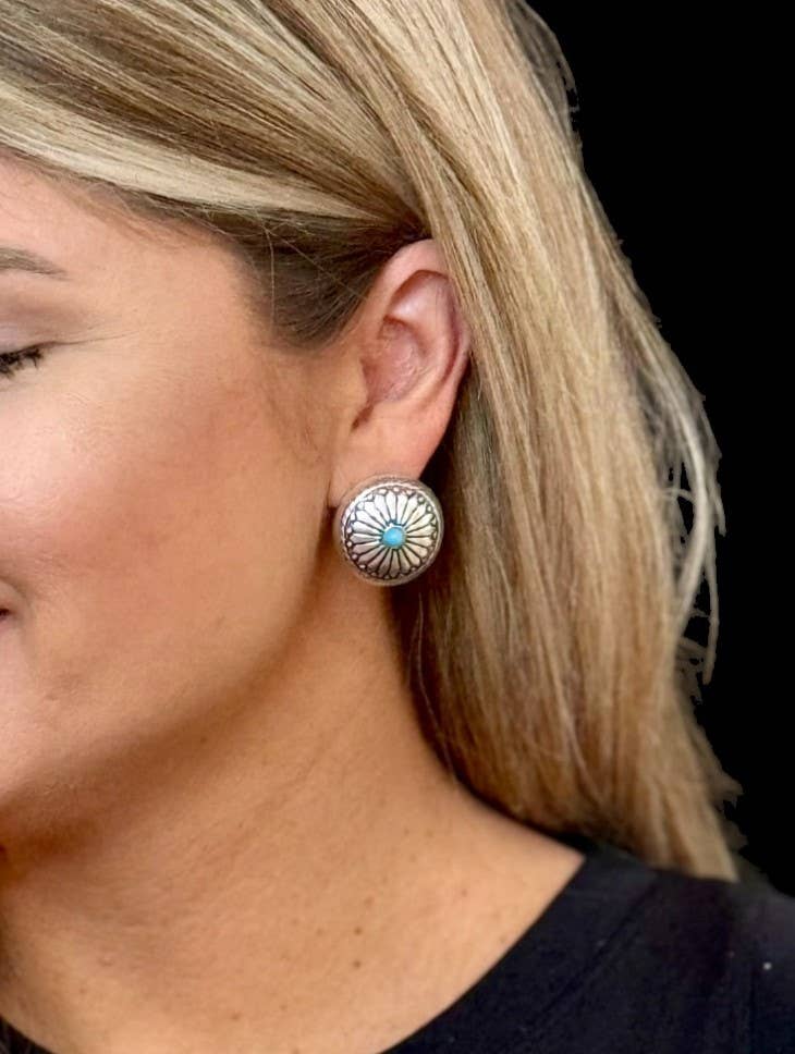 1" Silver Stamped Post Concho Earring w/ Turquoise Accent