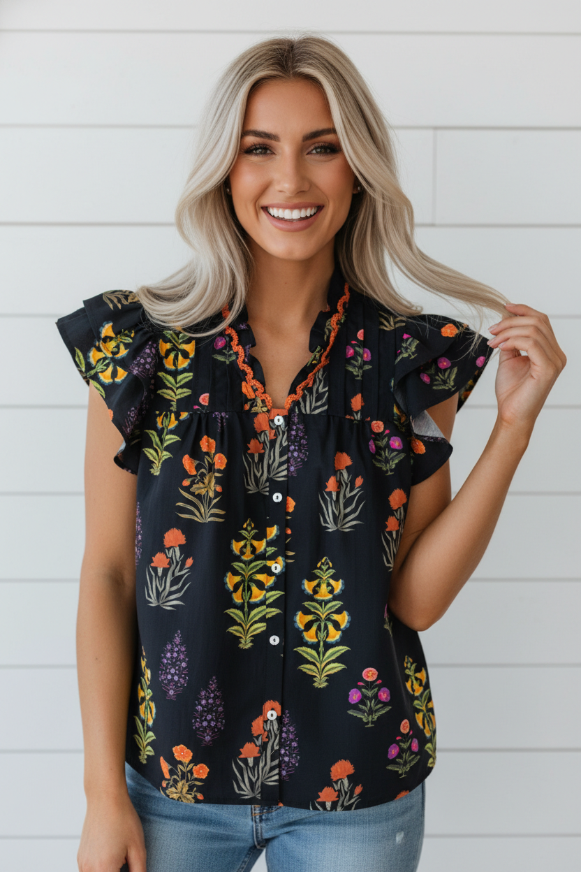 Floral Lace Trim V-Neck Frilled Short Sleeve Shirt