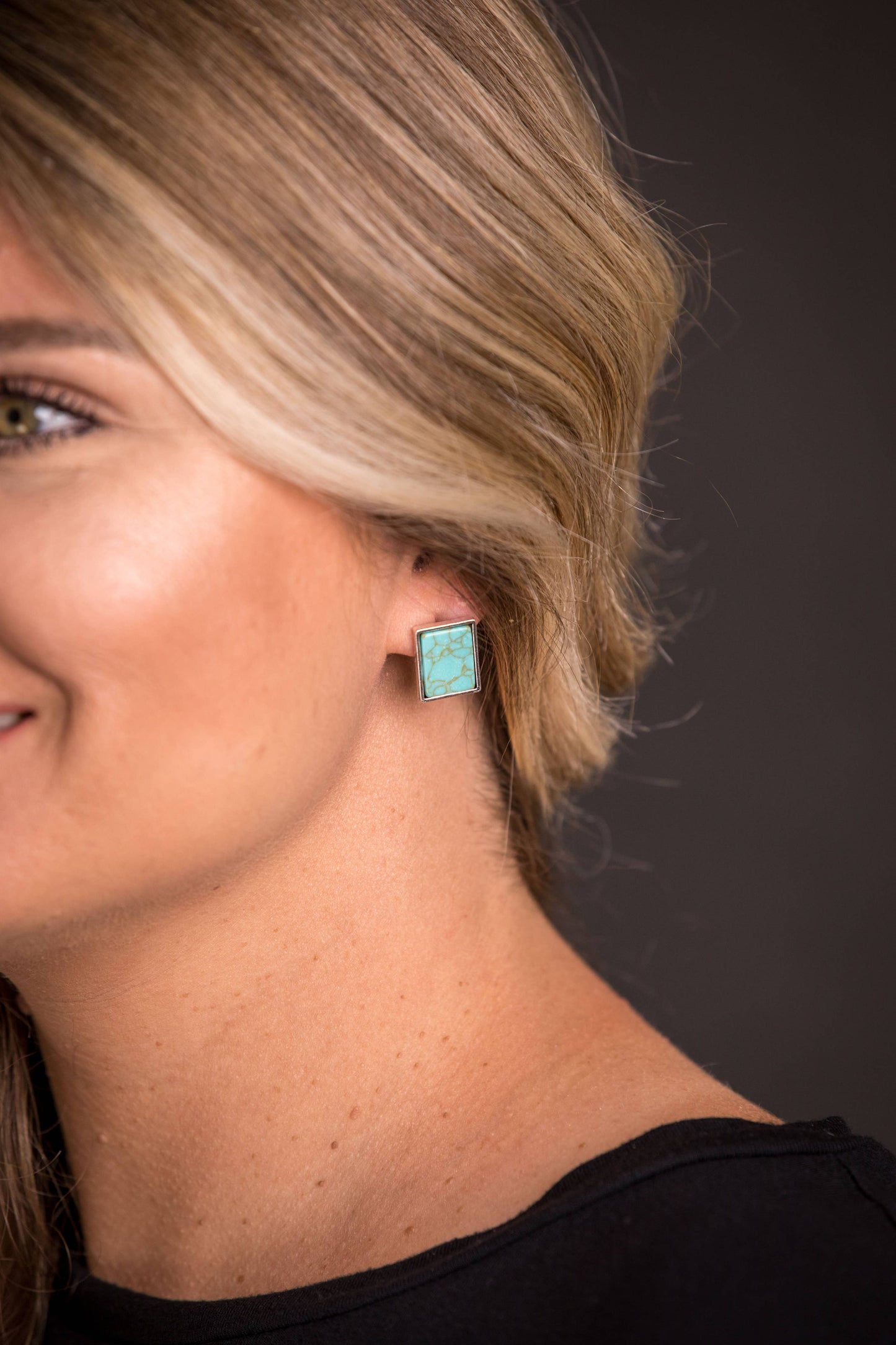 Silver Rectangular Turquoise Stud Earrings