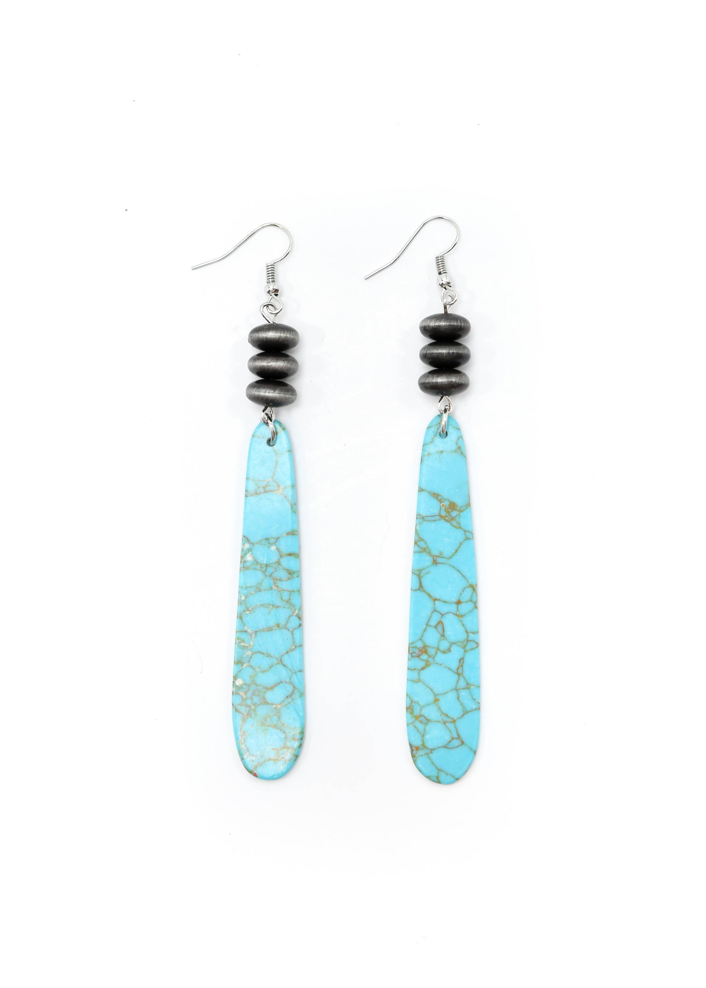 4" Turquoise Slab Earring on Fishhook with Faux Navajo Pearl