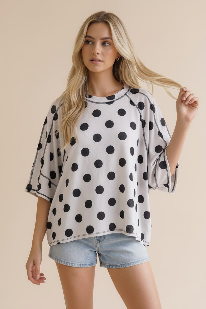 Raglan Oversized Loose Fit Polka Dot Knit Top