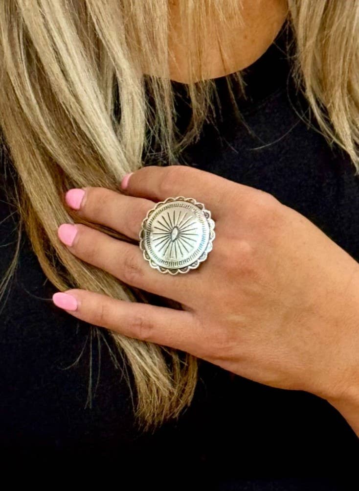 Adjustable Round Burnished Silver Concho Ring