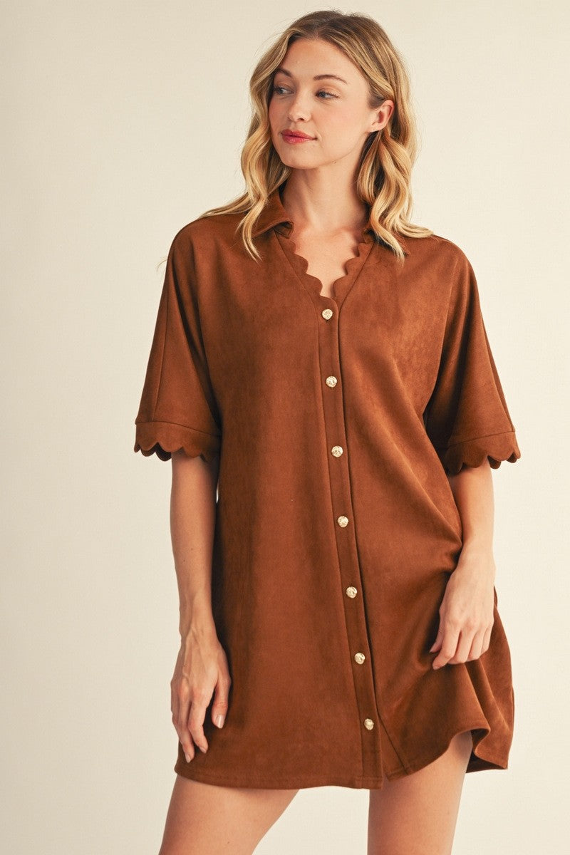 Scallop Edge Detail Faux Suede Dress