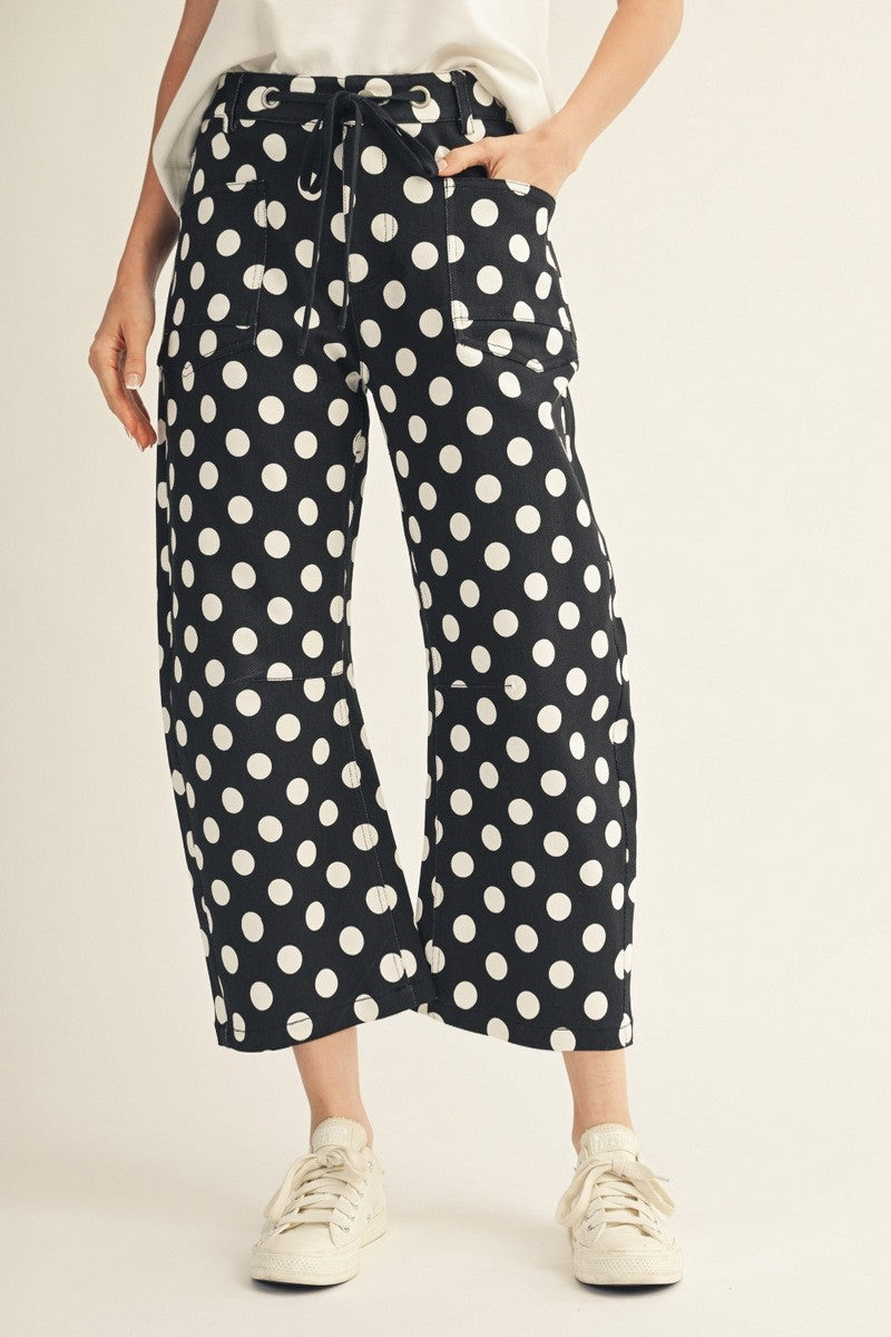 Drawstring Waist Polka Dot Barrel Pants