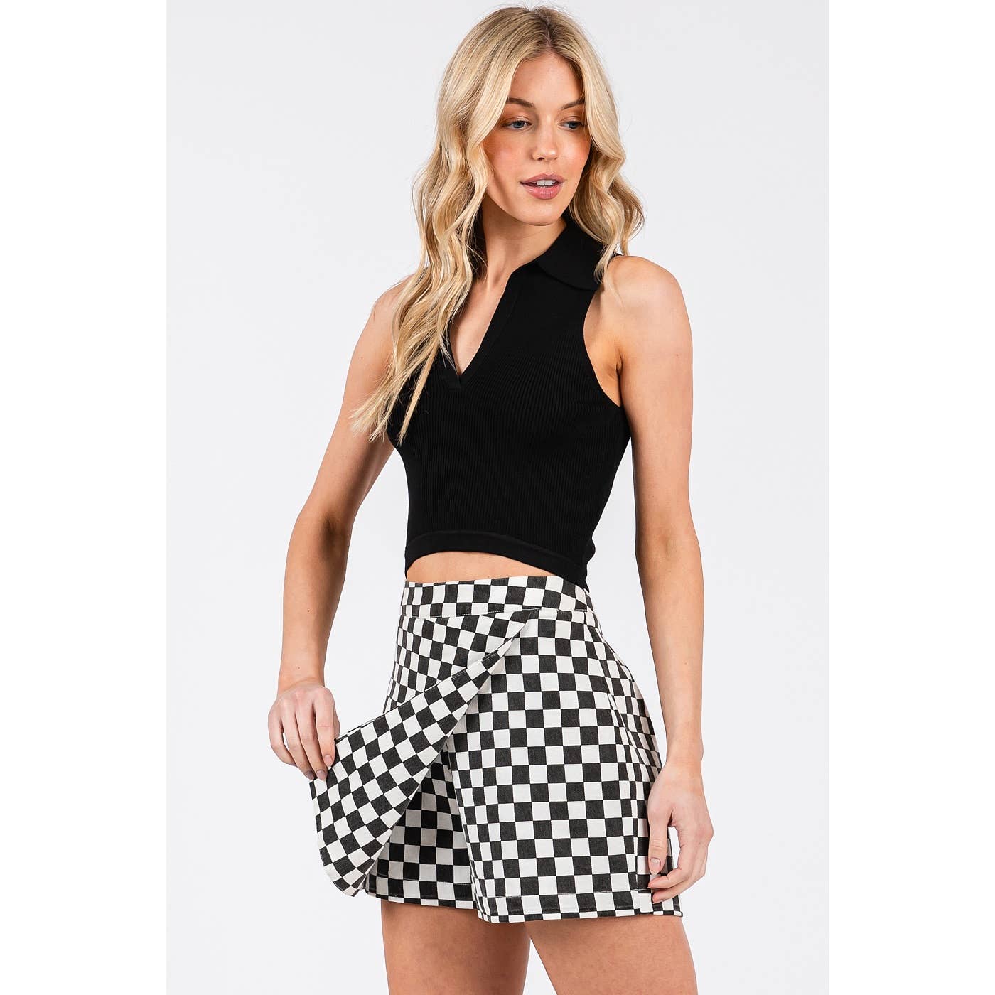 GAME DAY CHECKERED OVERLAY WRAP FRONT MINI SKORT