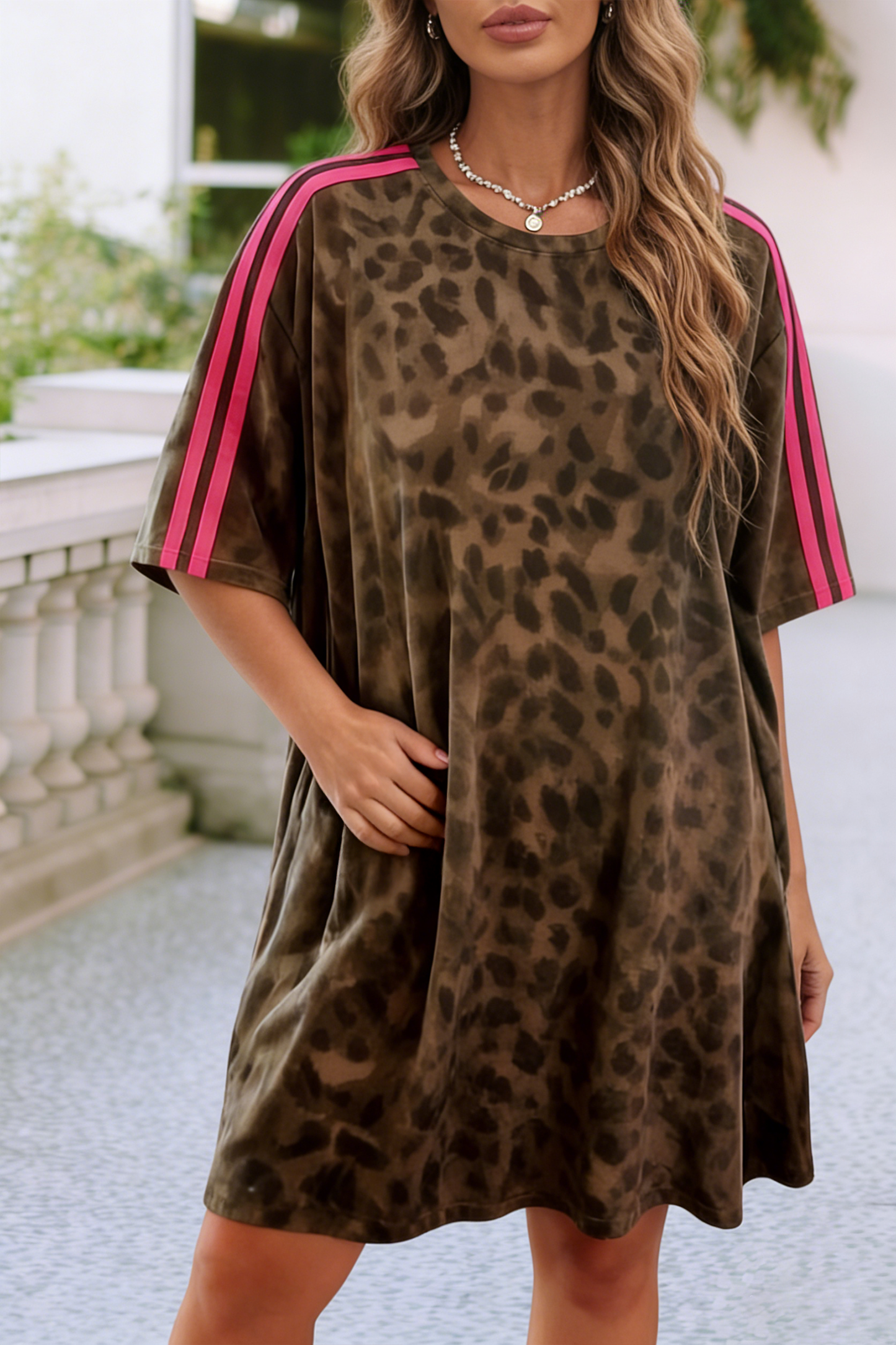 Contrast Striped Accent Leopard Mini Dress