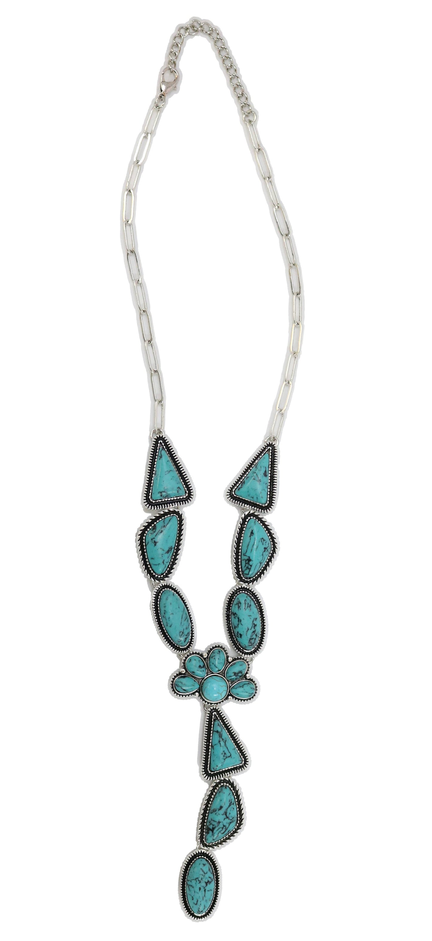 28" w/6.5" Tail Turquoise Multi Shape Concho Lariat Necklace