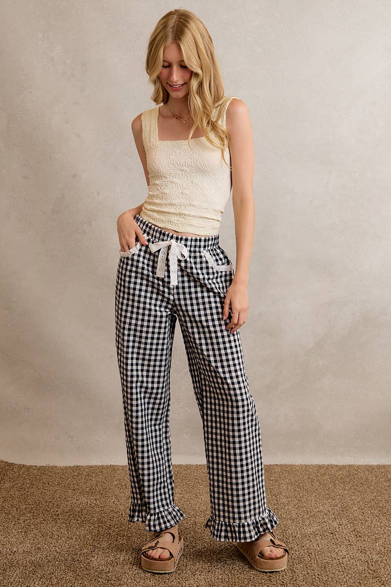 GINGHAM LACE RUFFLED PULL ON PANTS