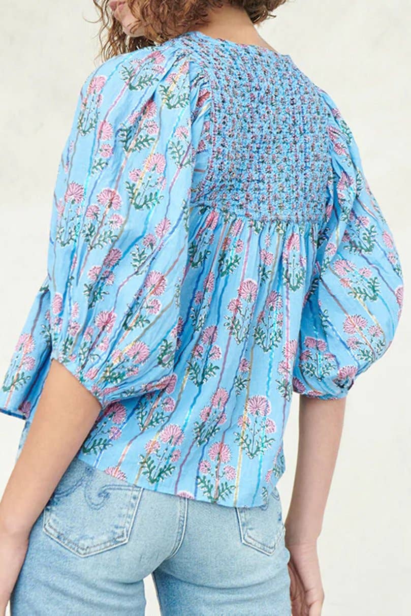 Blue Floral Stripe Puff Sleeve Blouse