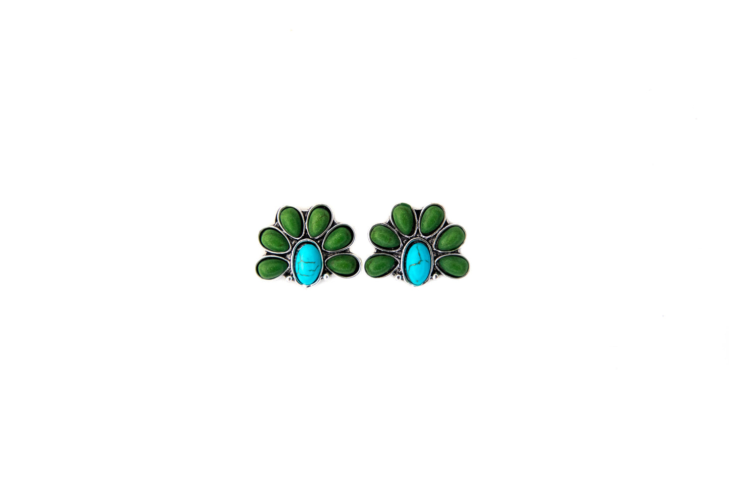 1" Turquoise and Green Half Flower Post Earring