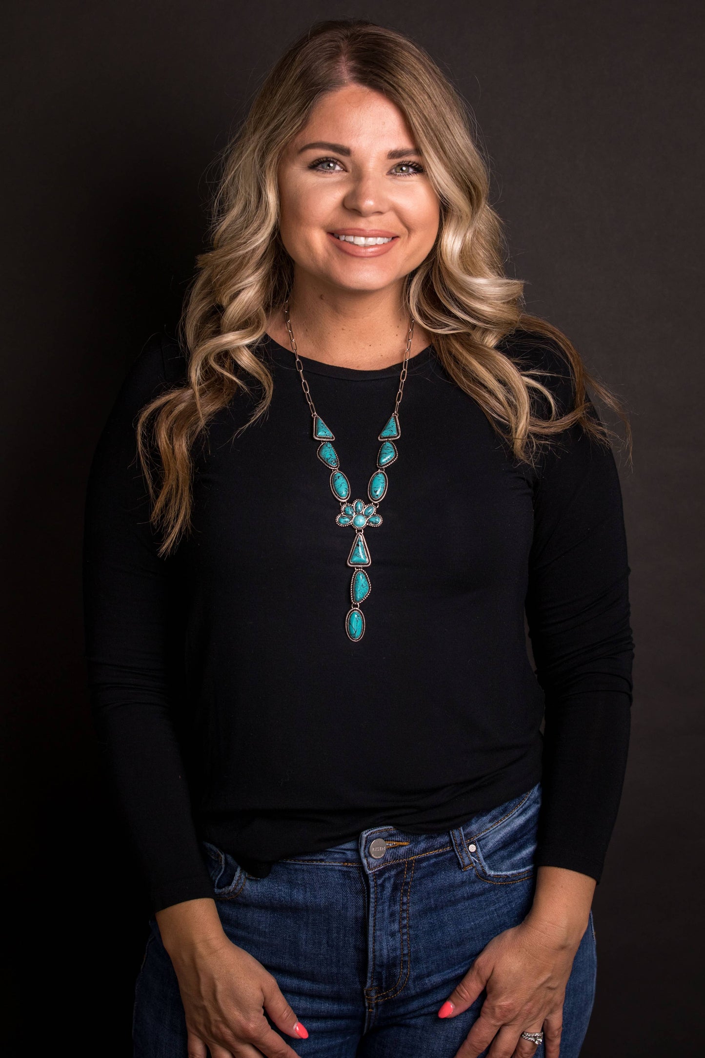 28" w/6.5" Tail Turquoise Multi Shape Concho Lariat Necklace