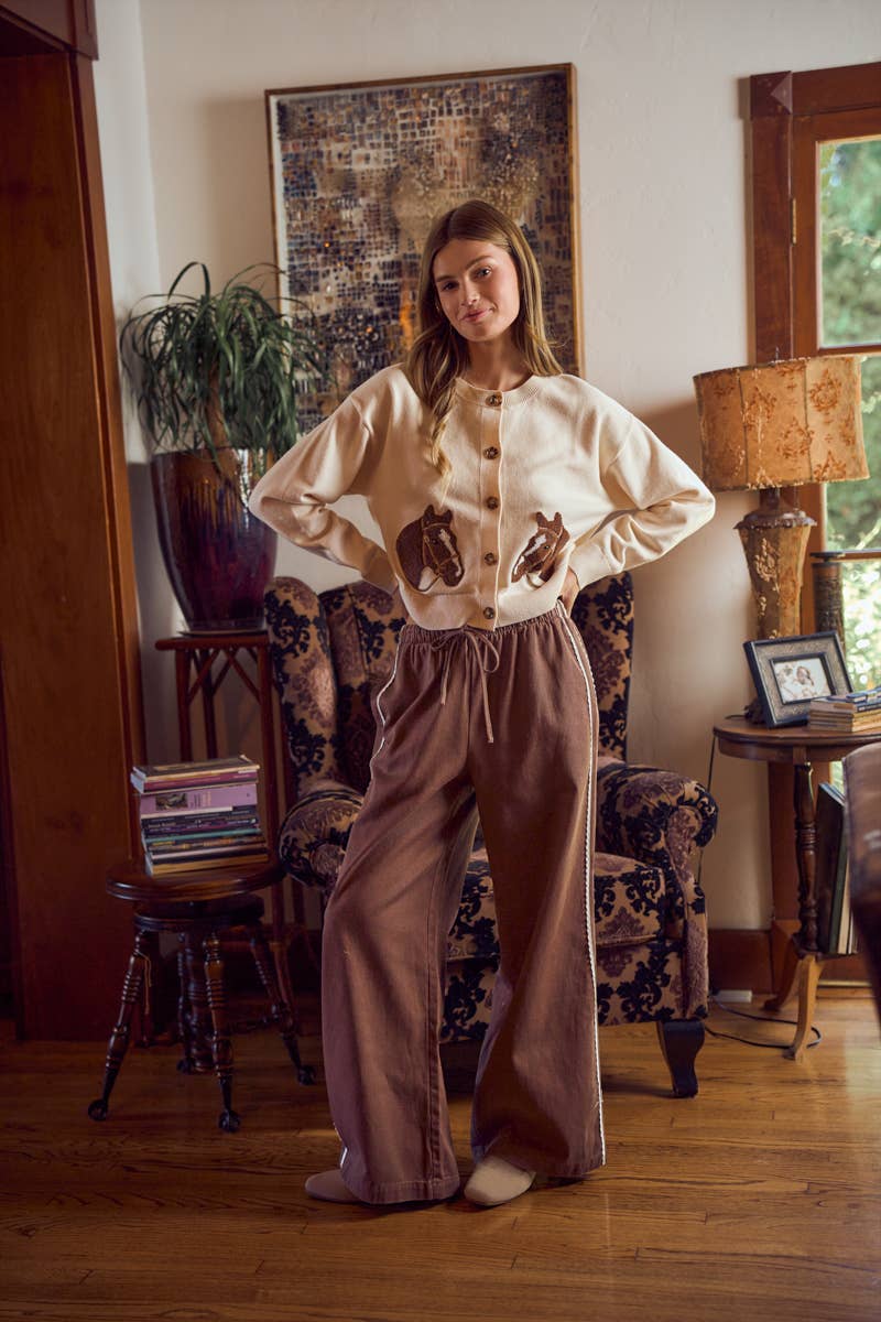 SIDE LACE TRIM COTTON DENIM WIDE LEG PULL ON PANTS