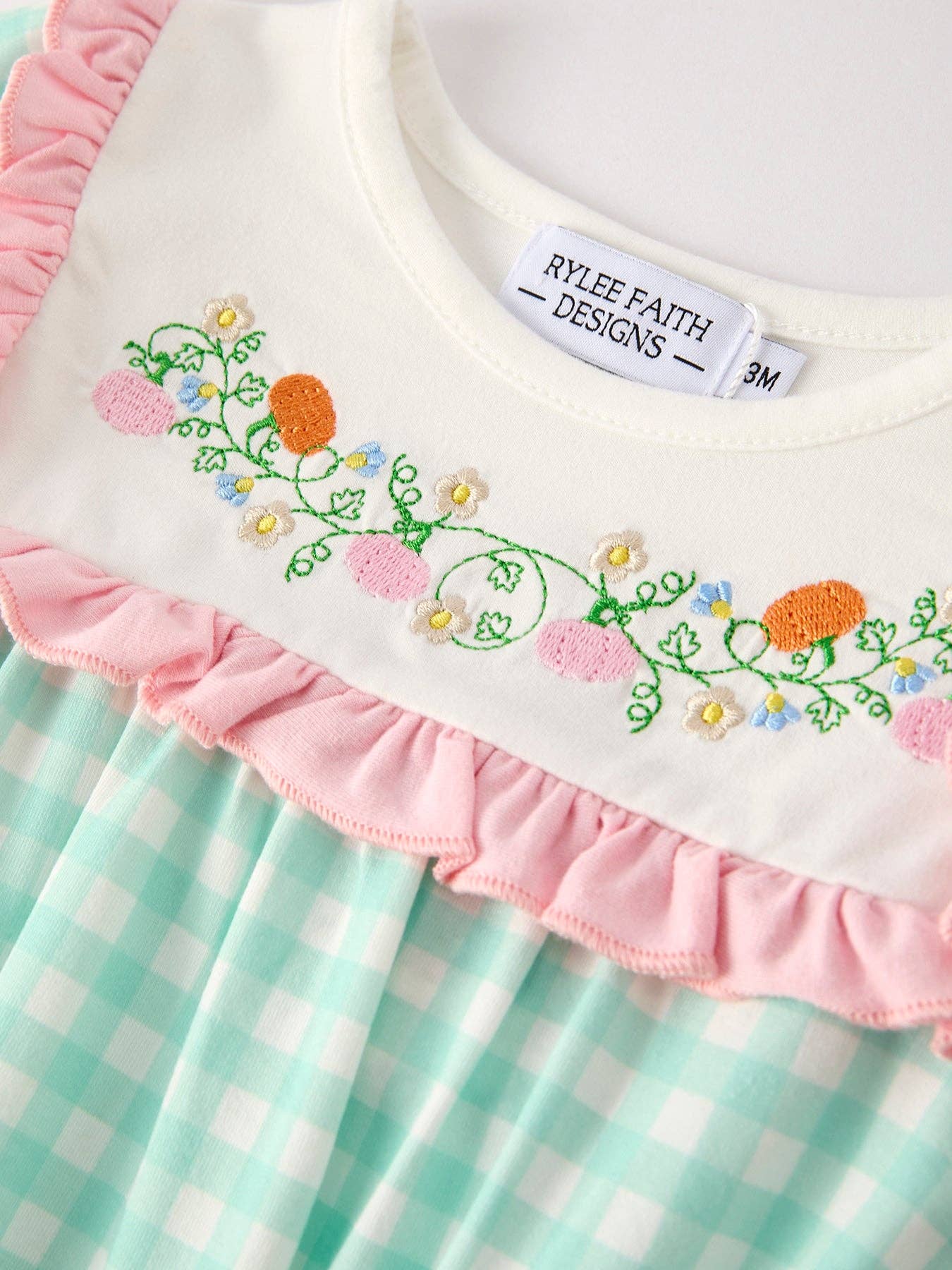 Fall Pumpkin Flowers Embroidered Check Girls Romper