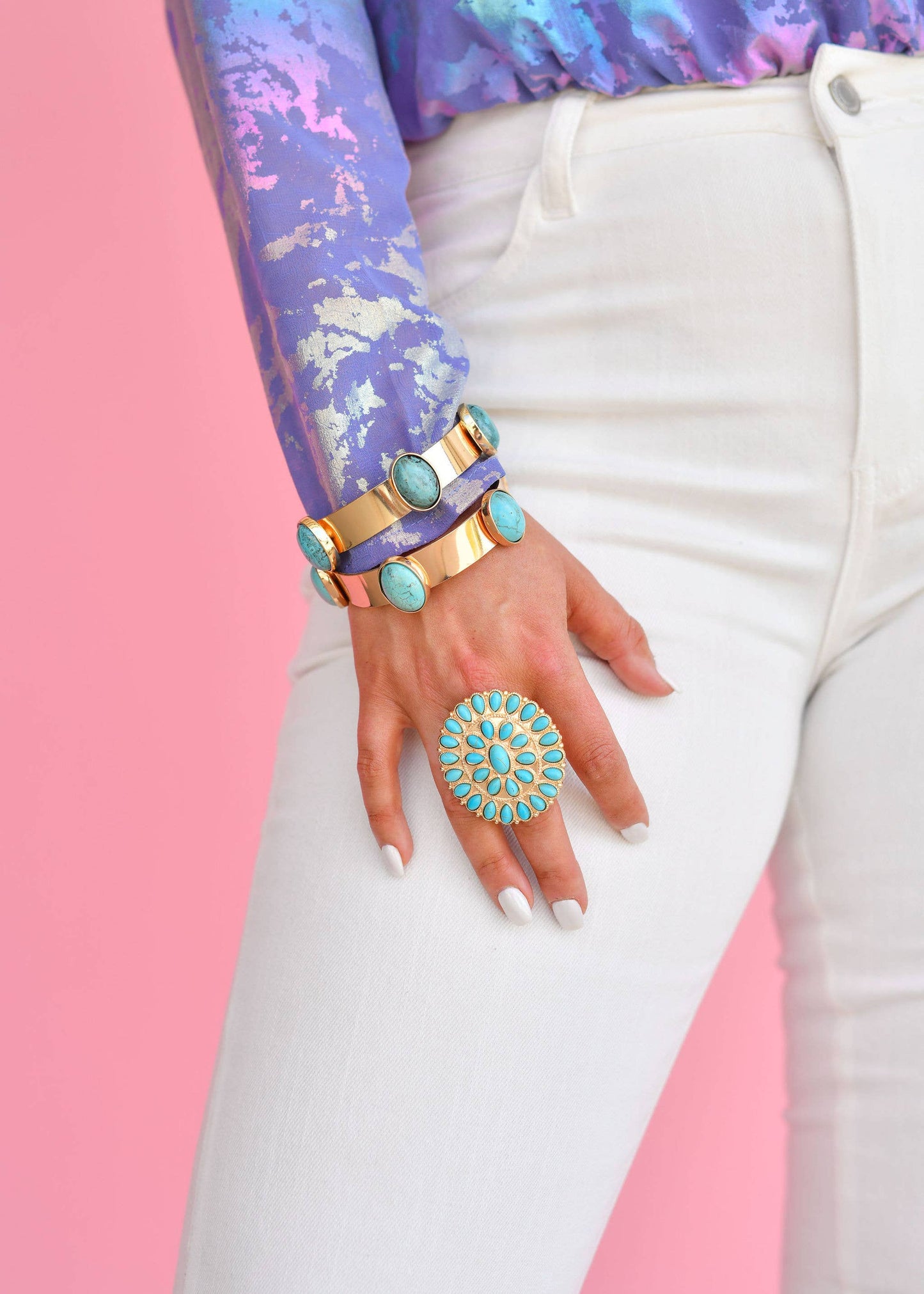 Gold Bangle with 5 Turquoise Oval Stones