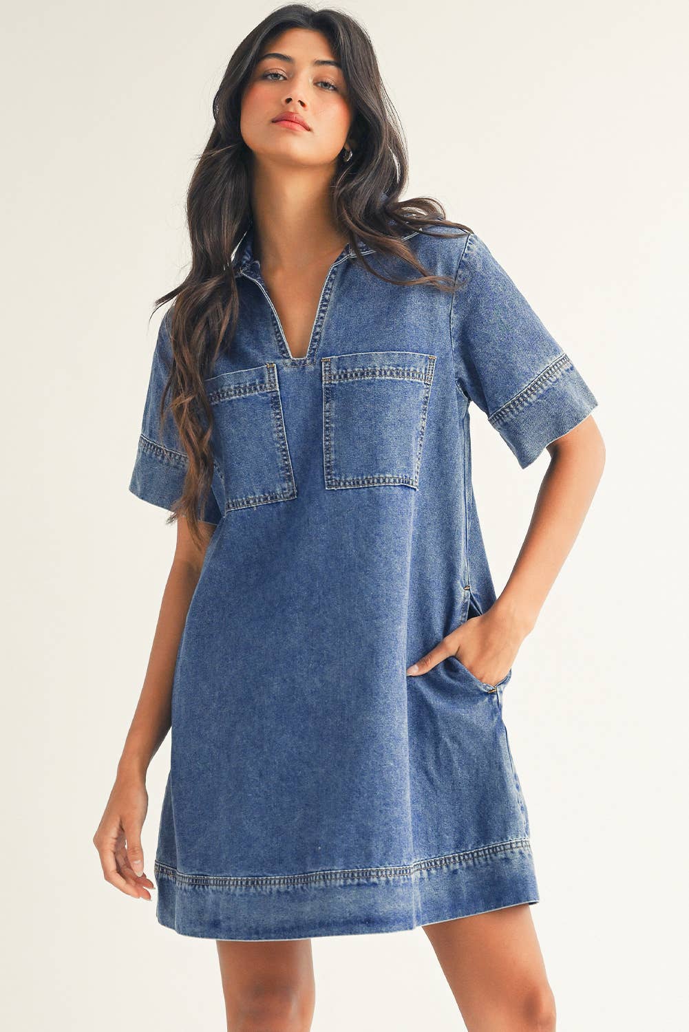 Short Sleeve Collared Patched Pocket Denim Mini Dress