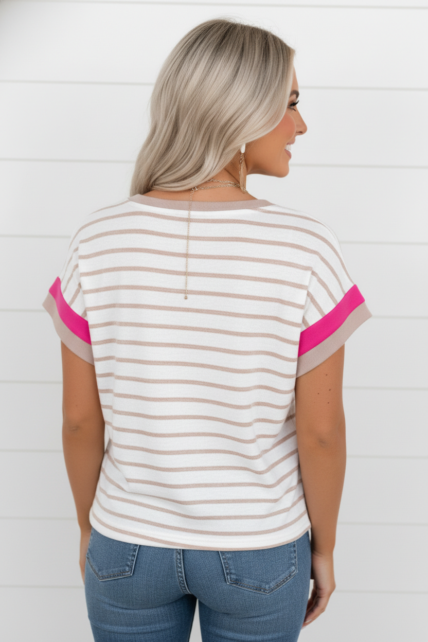 Stripe Colorblock Trim Short Sleeve Top