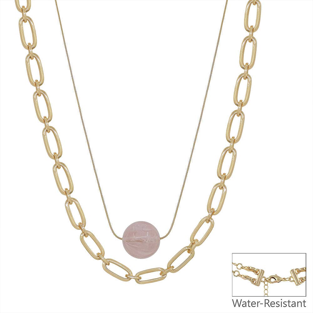 Water Resistant 20MM Pink Acrylic Bead and Gold Chain Layered 16"-18" Necklace