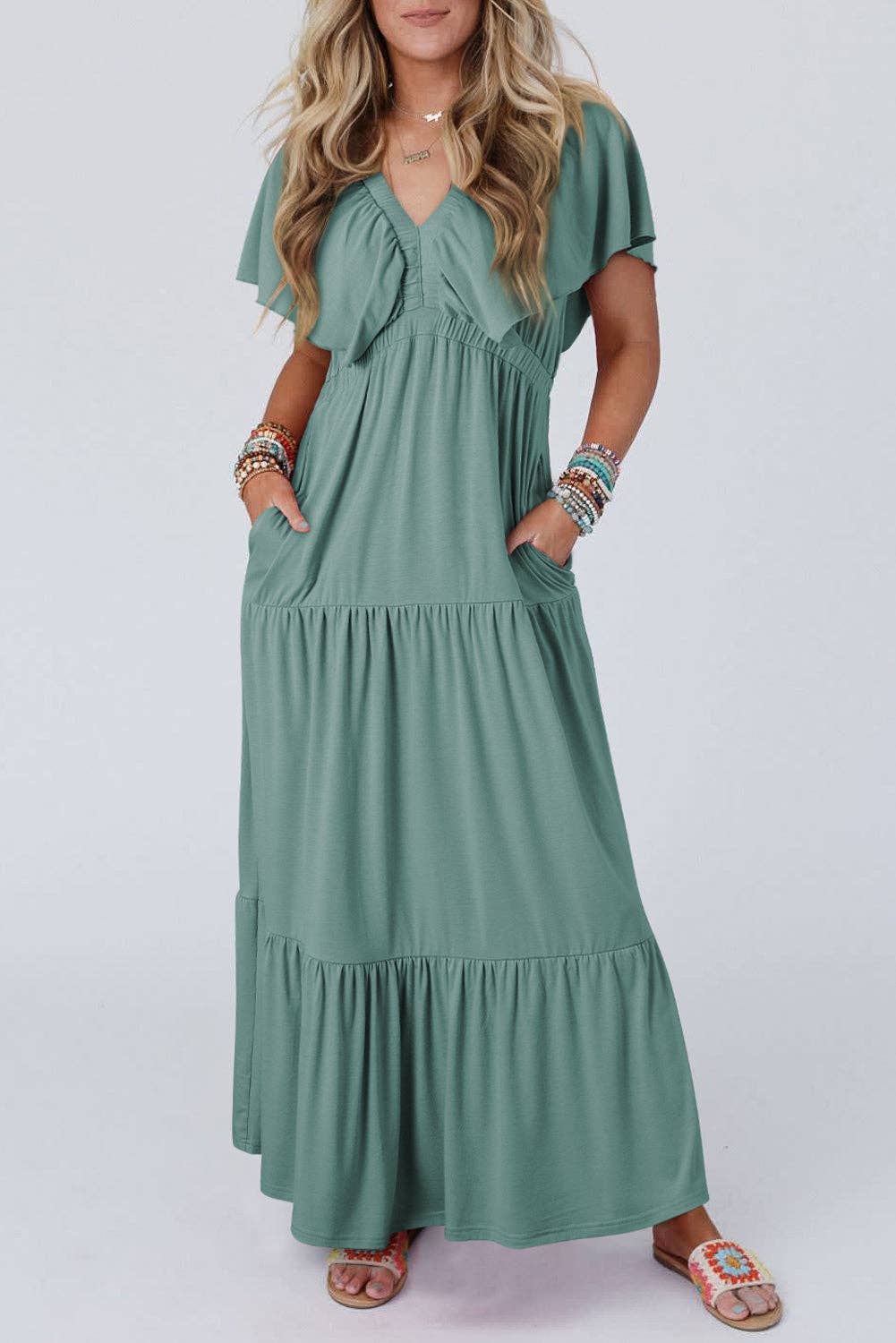 Textured Ruffle V-Neck Summer Maxi Dress
