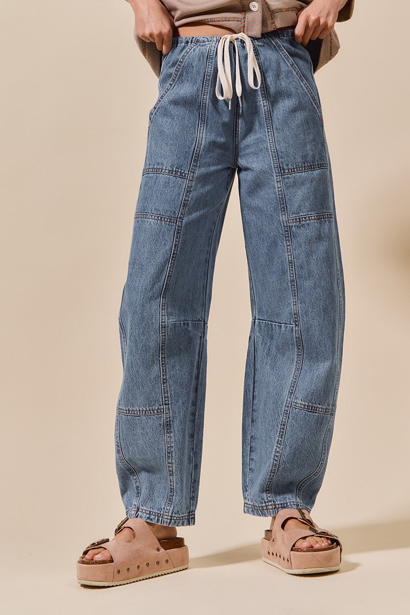 Mid Rise Waist Drawstring Barrel Denim Jeans Pants
