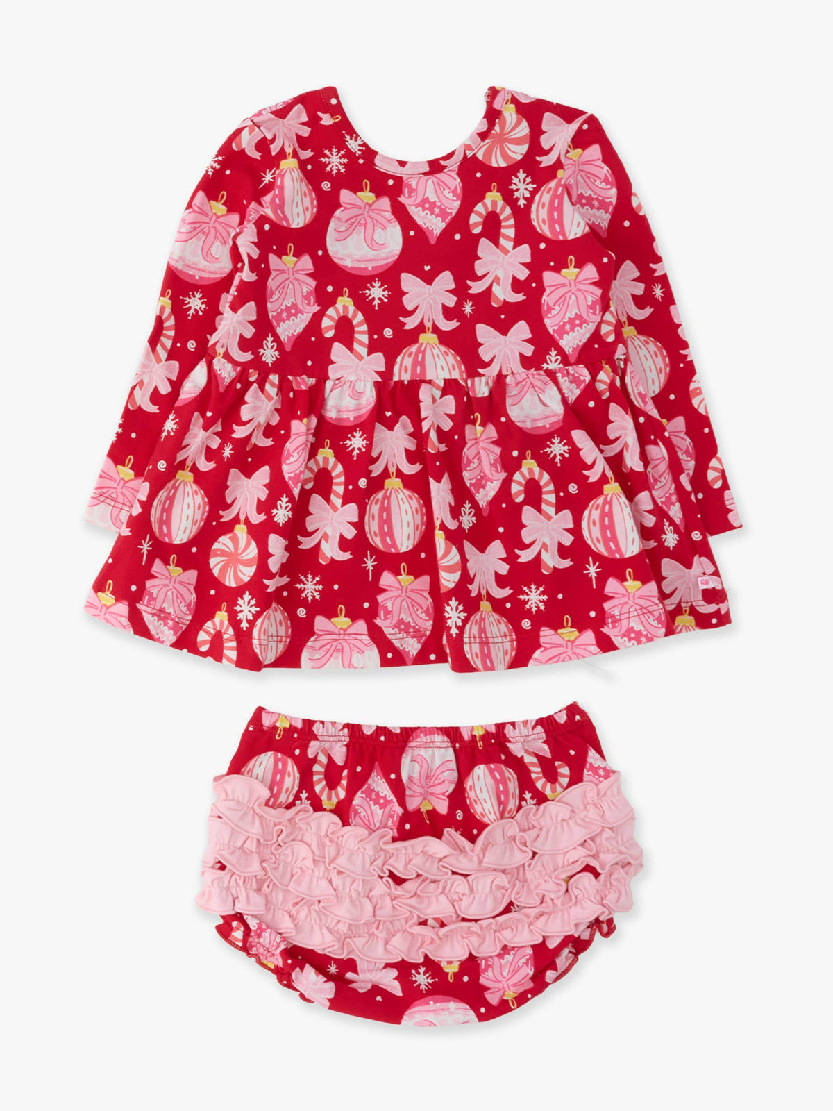 Baby Girls Red Holly Christmas Ornament Bows Knit Long Sleeve Twirl Top & Ruffle Bloomer Set