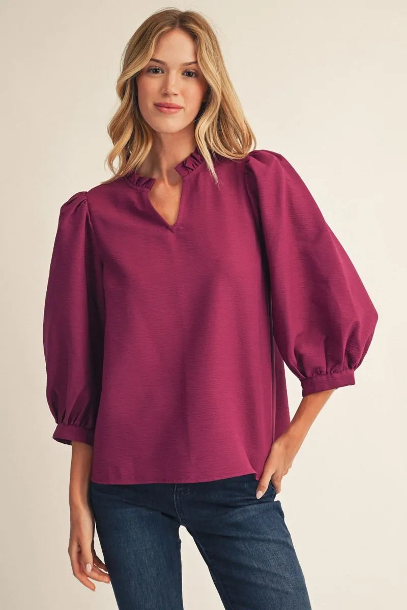 3/4 Puff Sleeves V- neck Textured Top
