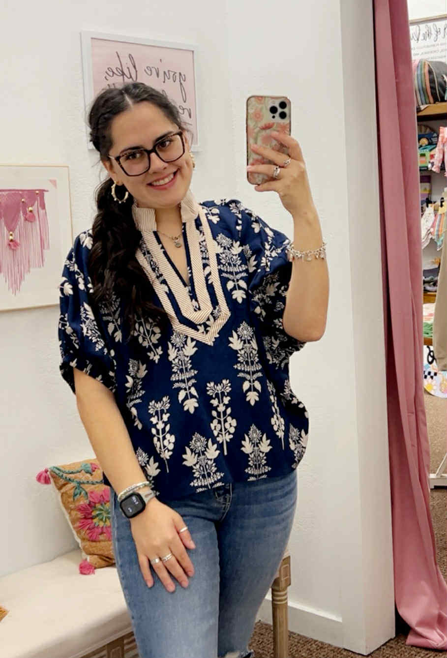 Navy Floral V Neck