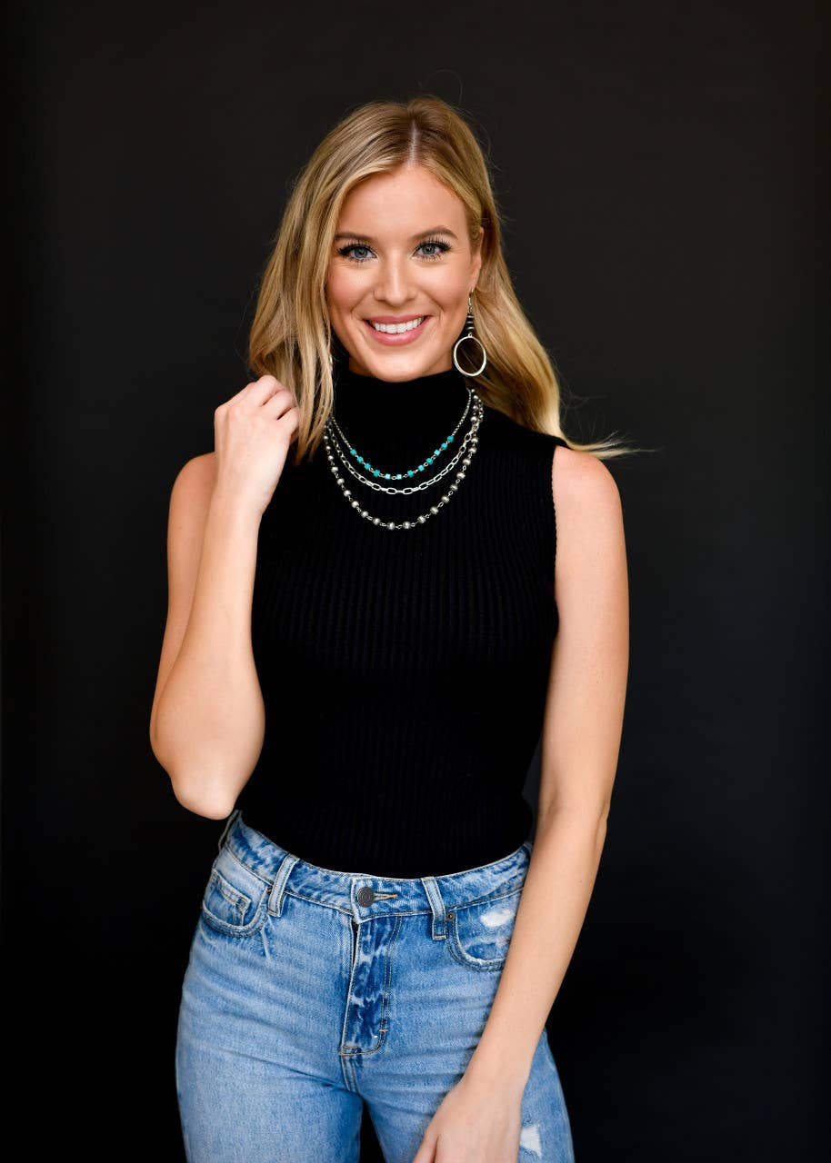 3 Strand Layered Chain Necklace W/ Turquoise & Faux Navajo