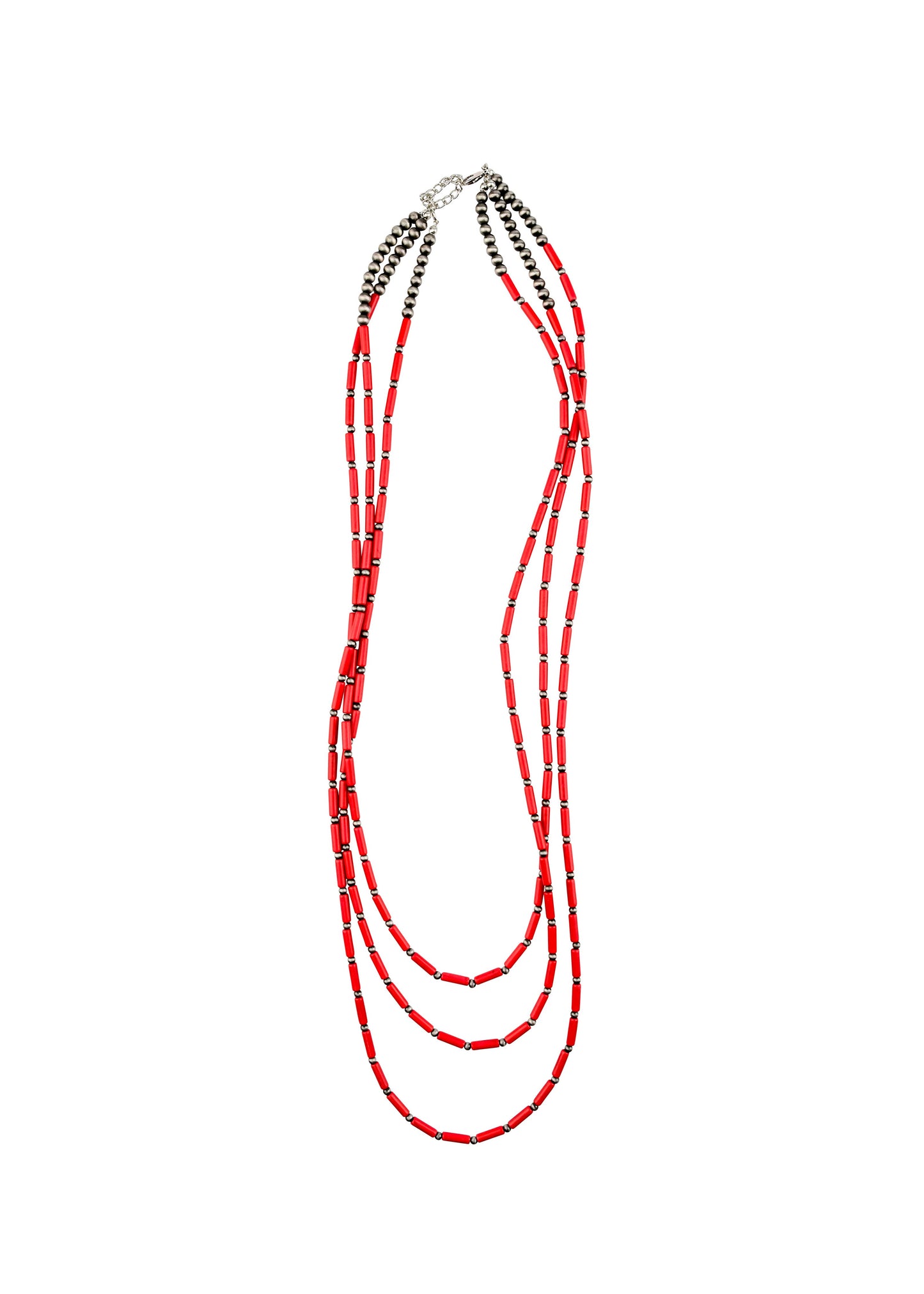 30"",32"",36"" 3 Strand Red Tube Bead & Faux Navajo Necklace