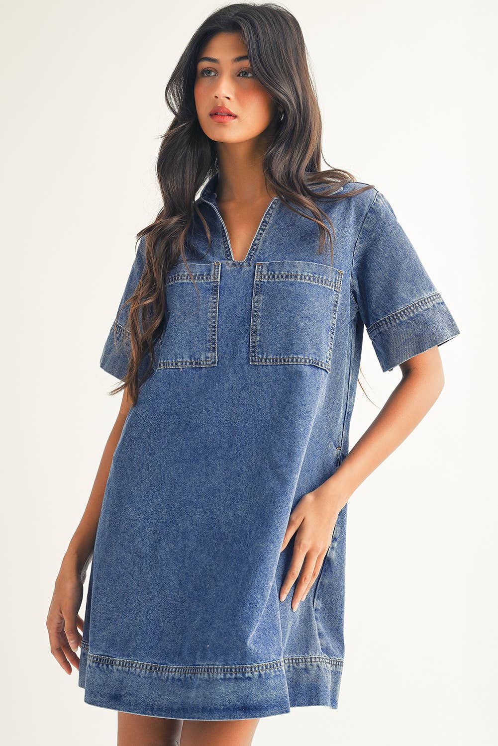 Short Sleeve Collared Patched Pocket Denim Mini Dress