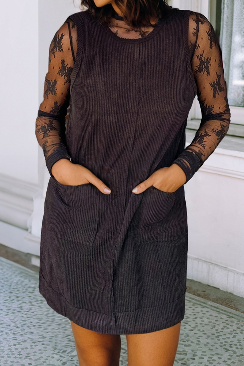 Corduroy Sleeveless Patched Pockets Mini Dress
