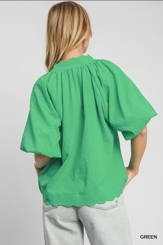 Green Bubbled Sleeved Seersucker Top