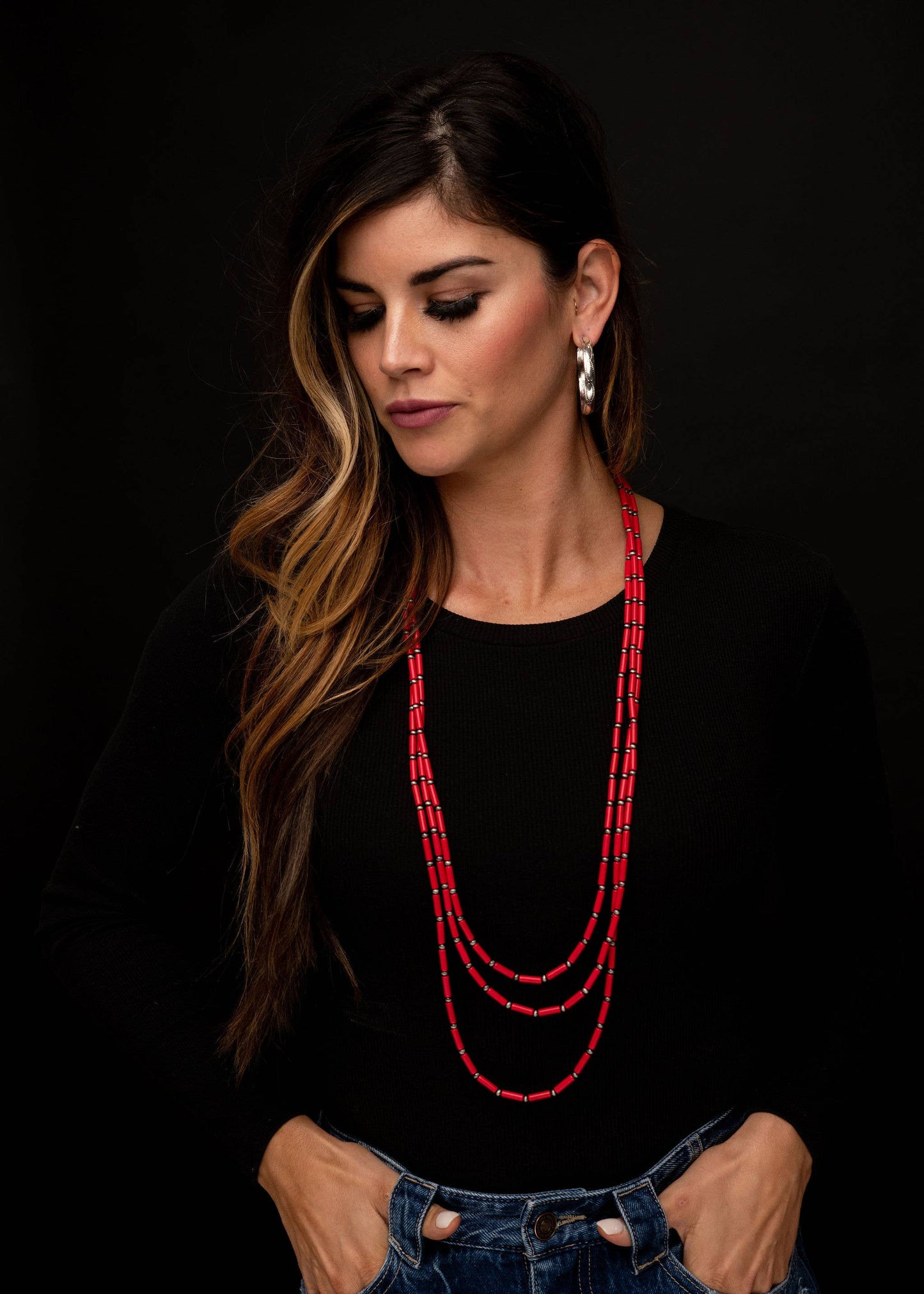 30"",32"",36"" 3 Strand Red Tube Bead & Faux Navajo Necklace