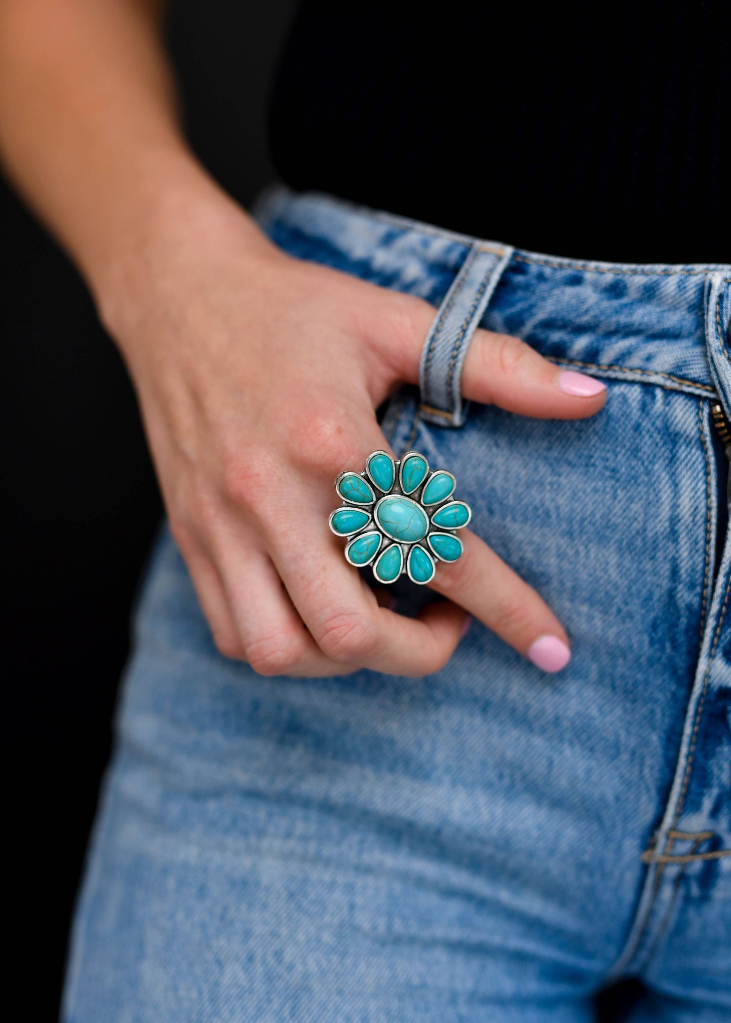 Adjustable Turquoise Flower Cluster Ring