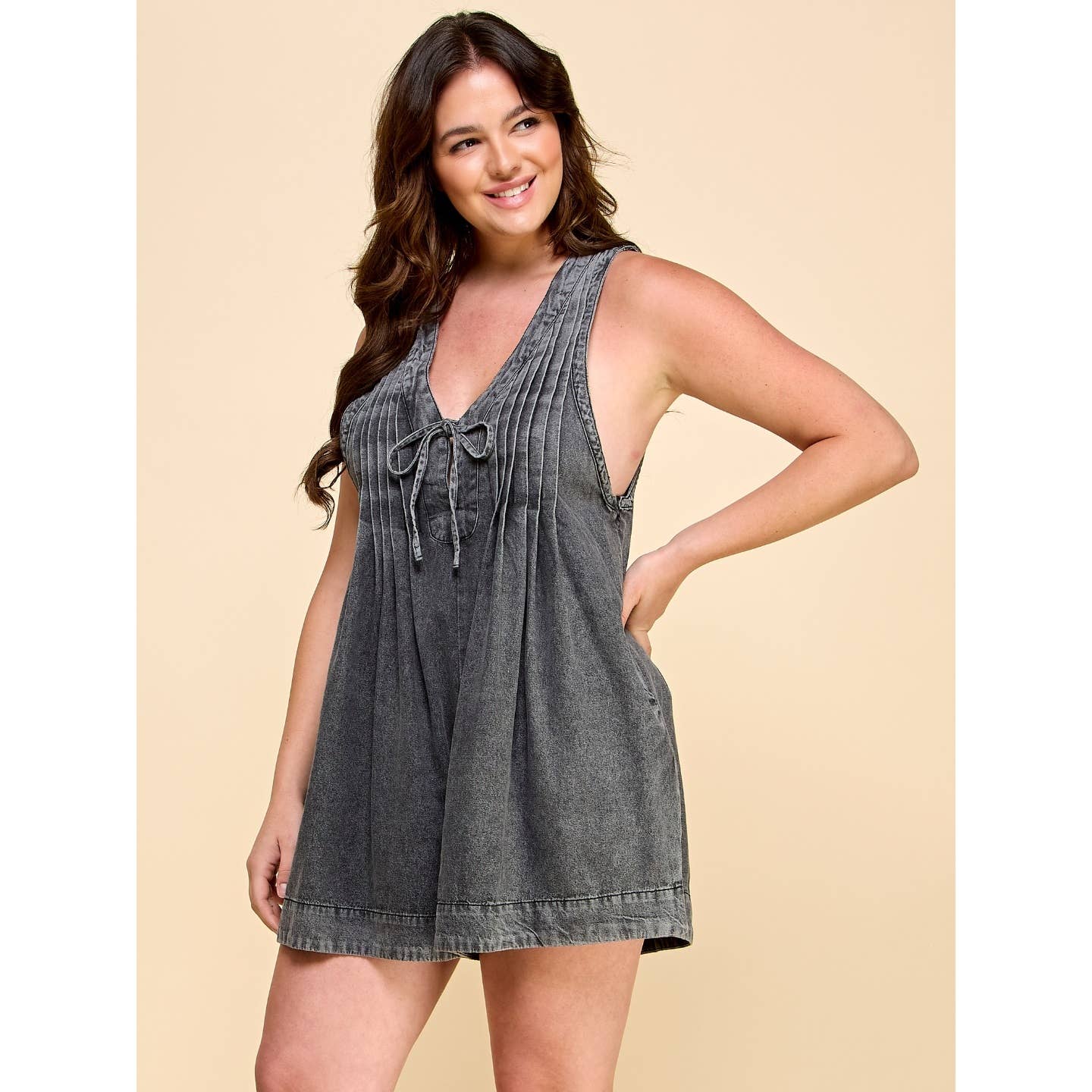 Plus Size Front Pleated V Neck Sleeveless Denim Romper