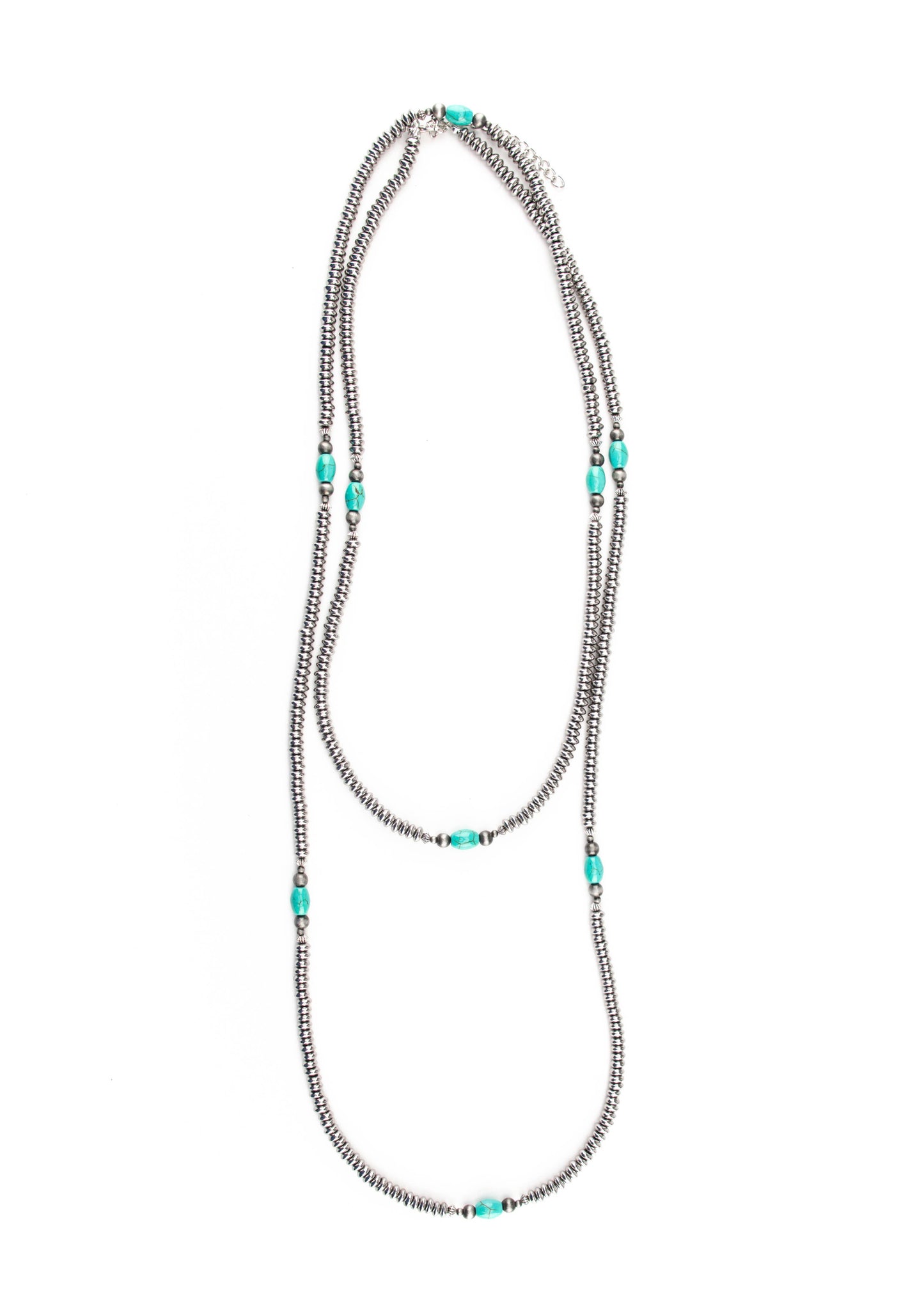 66"Silver Disc Bead Necklace w/Green Turquoise Beaded Accent