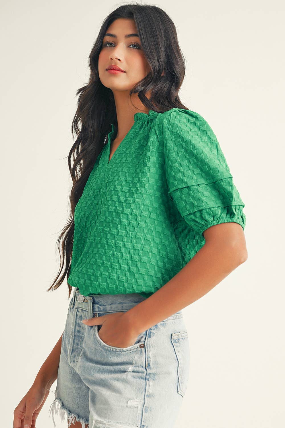 LDC Textured Puff Short Sleeve Notched V Neck Top