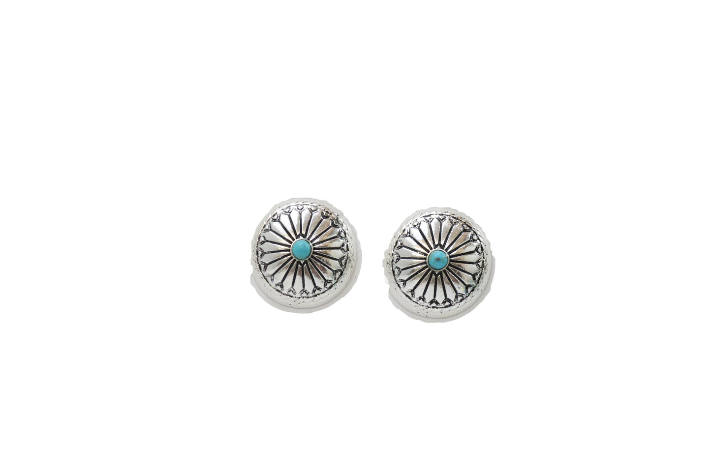 1" Silver Stamped Post Concho Earring w/ Turquoise Accent