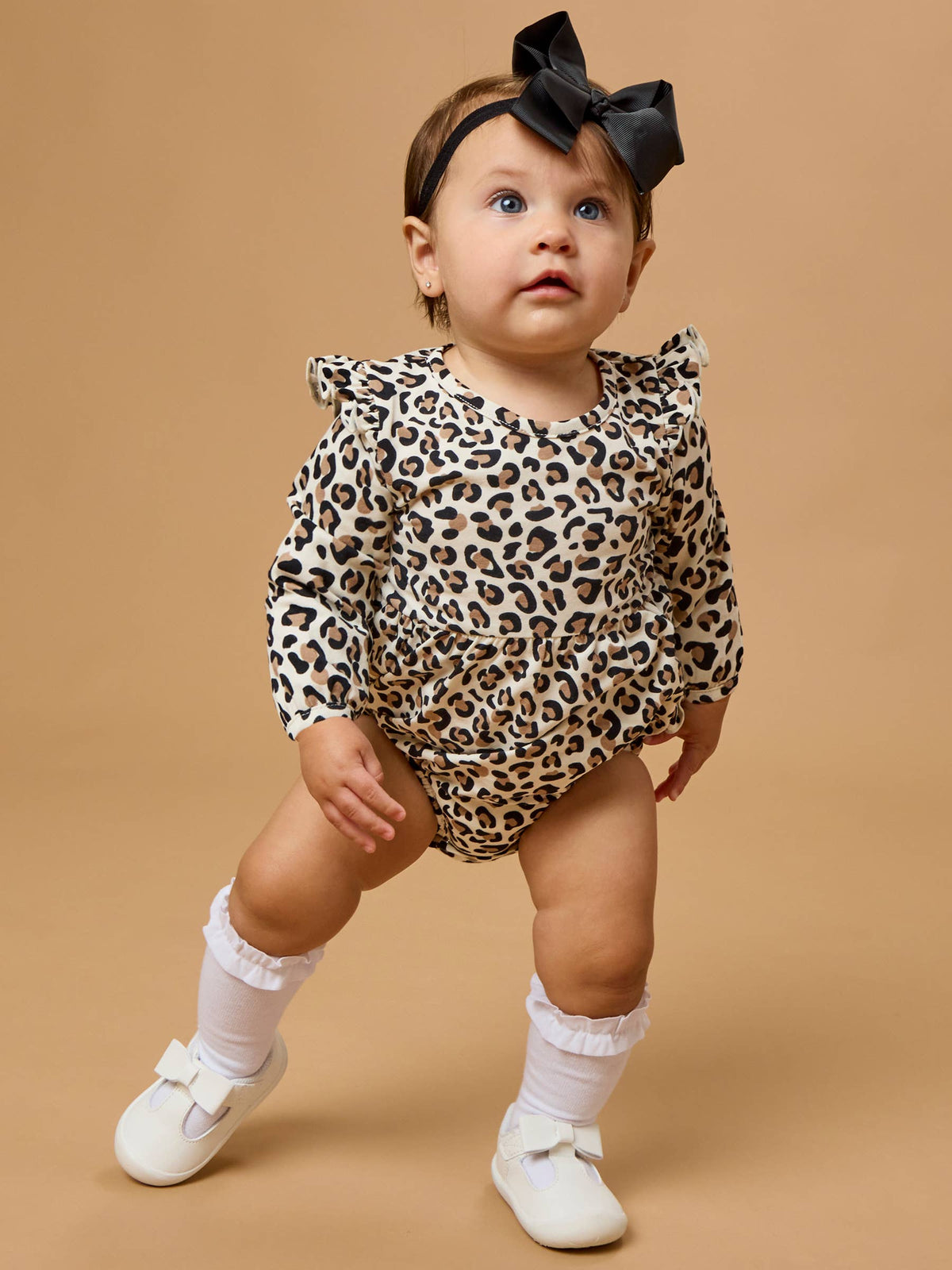Baby Girls Classic Leopard Knit Long Sleeve Flutter Bubble Romper