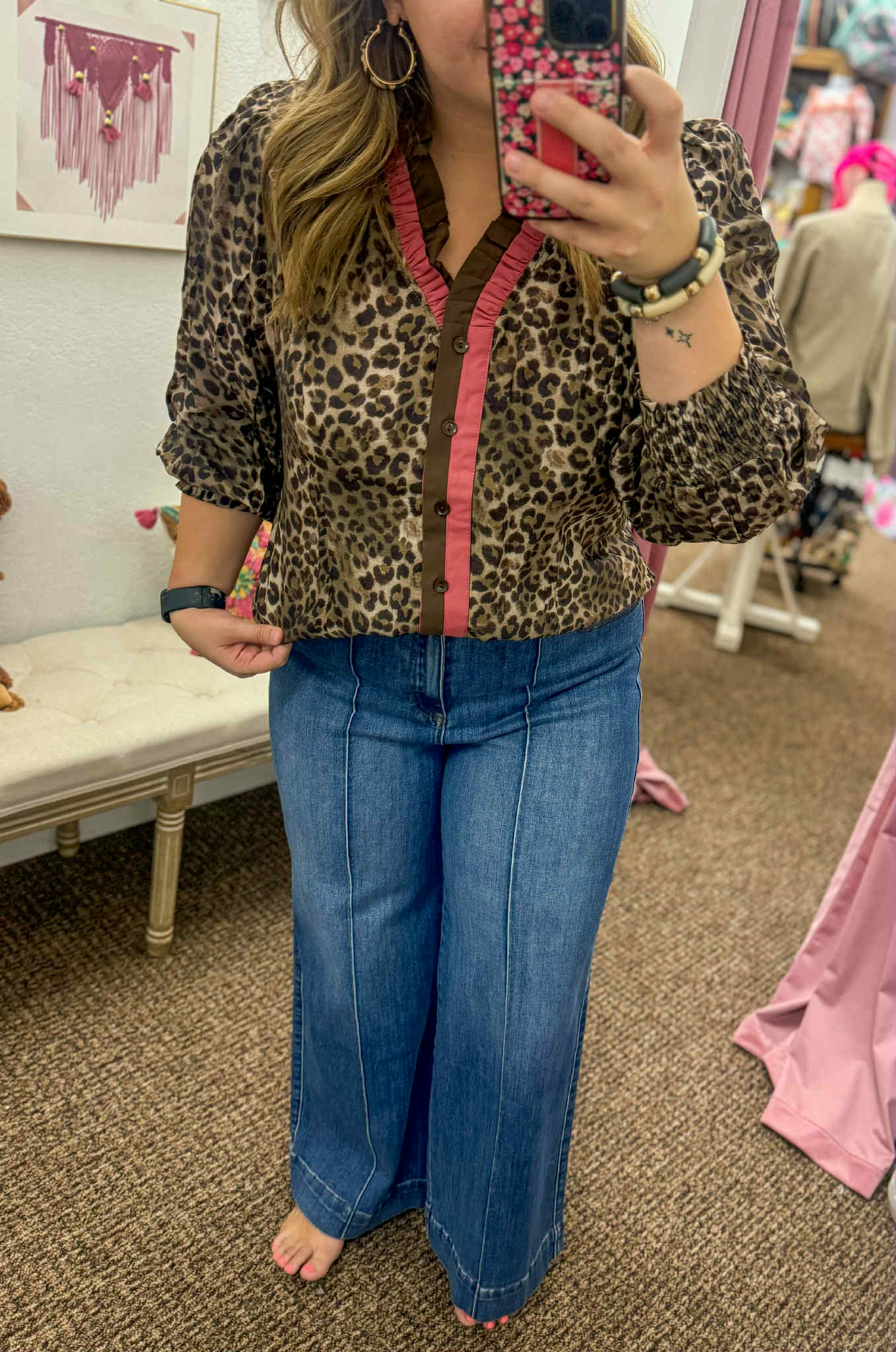 Ruffle Trim Leopard Print Blouse